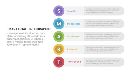 SMART goals setting framework infographic with round circle rectangle stack vertical with 5 step points for slide presentation