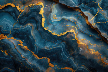 A digital art piece featuring deep blue and gold marble textures, with swirling patterns that resemble the rugged surface of an agate stone. Created with Ai - obrazy, fototapety, plakaty