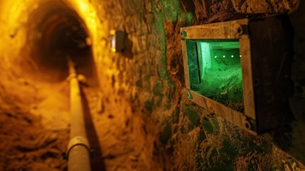 Closeup of a groundtrating radar device revealing an underground network of tunnels and chambers within a historical site. . - obrazy, fototapety, plakaty