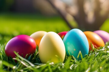 Fototapeta na wymiar Colorful Easter eggs scattered in lush green grass.