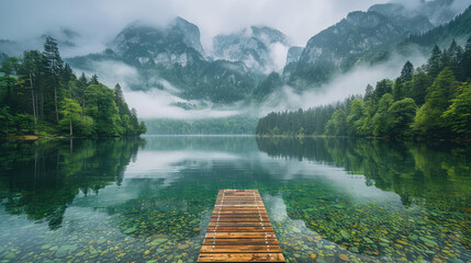 Beautiful lake in the mountains with green forest and fog on the water, alps, nature landscape, clouds, reflection. Created with Ai