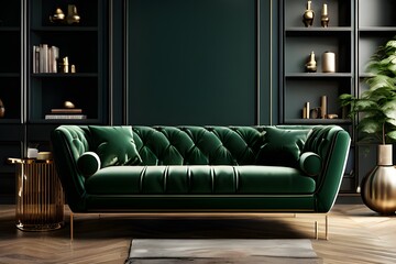 A chic living room with a statement green armchair against a rich dark green wall background.