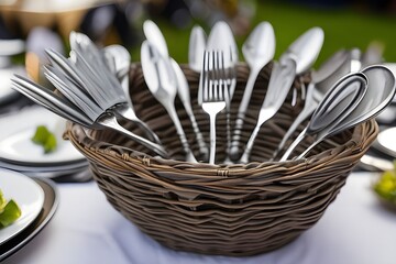 Silverware in a woven basket on a table - assortment of gray forks and spoons ready for a meal.