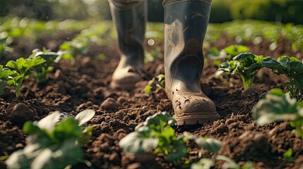 A man in sturdy wellington boots is hard at work using a cultivator to till the sunlit earth on a beautiful spring day embodying the essence of land cultivation and soil tillage in a garden - obrazy, fototapety, plakaty