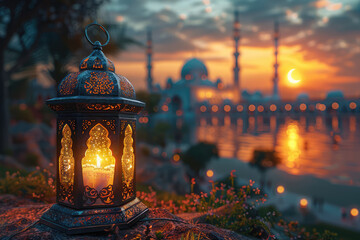 A beautifully crafted lantern glowing with warm light, set against the backdrop of an ancient mosque at sunset, symbolizing Ramadan's spiritual enlightenment and reflection. Created with Ai - obrazy, fototapety, plakaty