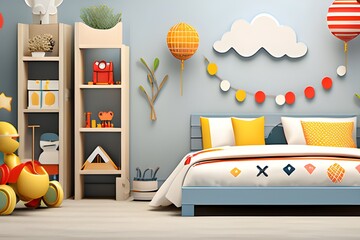 Colorful Scandinavian-style decorations in a cheerful child's bedroom. - obrazy, fototapety, plakaty