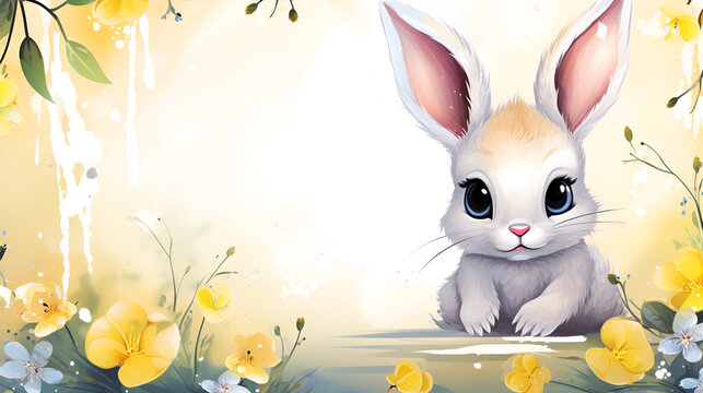 A bunny animal sitting among flower scenery on a beautiful background