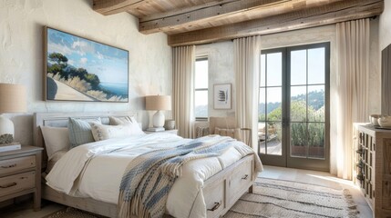 The bedroom is a tranquil oasis with its whitewashed walls and ceiling accented with wooden beams. The plush bed is dressed in crisp white linens and a cozy knit throw and the bedside .