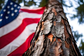 A close-up of a tree with an American flag -- the USA flag displayed on the bottom of a tree trunk.