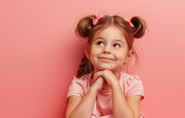 Cute little girl smiling and looking up, holding her chin with both hands on pink background