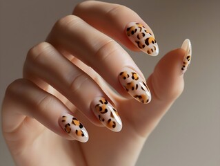 Close-up of a hand with long, almond-shaped nails painted with a leopard print design.