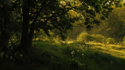 A tranquil scene of nature bathed in the golden light of the summer solstice