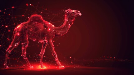 Camel, two - humped, from futuristic polygonal red lines and glowing stars for banner, poster, greeting card. AI generated