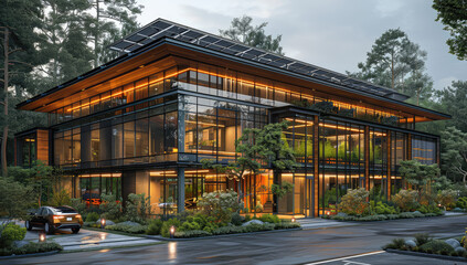 A modern hotel building with large glass windows and wooden accents, nestled in the forest of Thailand. Created with Ai