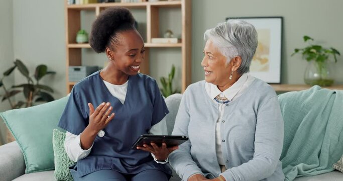 Senior, woman and caregiver with tablet or discussion in nursing home for patient test results or explaining. Elderly, person and nurse with technology for health report or happy for client diagnosis