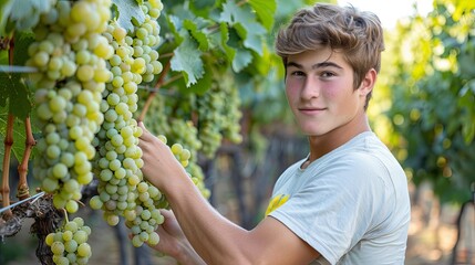 Obraz premium A young man is deeply involved in tending to grapevines carefully selecting clusters of ripe white grapes in the vineyard