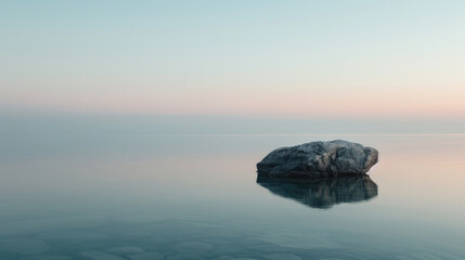 Solitary rock in calm waters under a pastel dawn sky in minimalist serenity