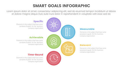 Fototapeta na wymiar SMART goals setting framework infographic with big circle vertical with 5 step points for slide presentation