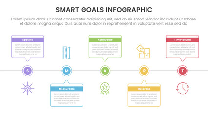 SMART goals setting framework infographic with outline box timeline horizontal up and down with 5 step points for slide presentation