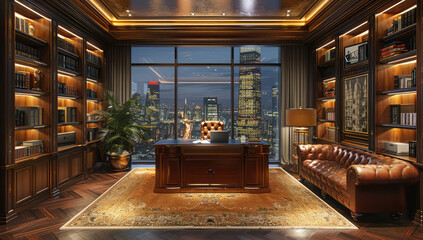 A modern penthouse interior with large windows overlooking the city skyline, featuring a sofa and bookshelves near an office desk, all illuminated by warm lighting. Created with Ai - obrazy, fototapety, plakaty