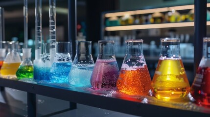 A series of interconnected beakers and flasks filled with colorful liquids and bubbling reactions...