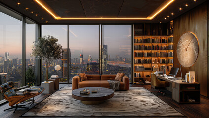 A modern and luxurious penthouse interior with floor-to-ceiling windows offering panoramic views of the city skyline, featuring an elegant sofa in rich leather tones. Created with Ai - obrazy, fototapety, plakaty