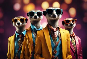 animal suricate group funny lifestyle clothing cool sunglasses clothes funky vibrant colourful superstar suit music stylish fashionable outfit pose
