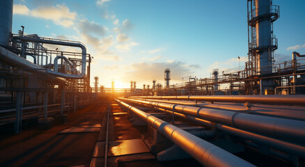 Fototapeta premium Industrial Twilight: Petrochemical Plant with Neon Lights