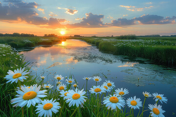 A picturesque sunset over the Dutch polder with daisies blooming along its banks. Created with Ai
