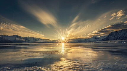 A mesmerizing display of the midnight sun during the summer solstice in the Arctic Circle - obrazy, fototapety, plakaty