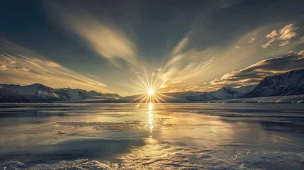 Fotobehang A mesmerizing display of the midnight sun during the summer solstice in the Arctic Circle © Veniamin Kraskov