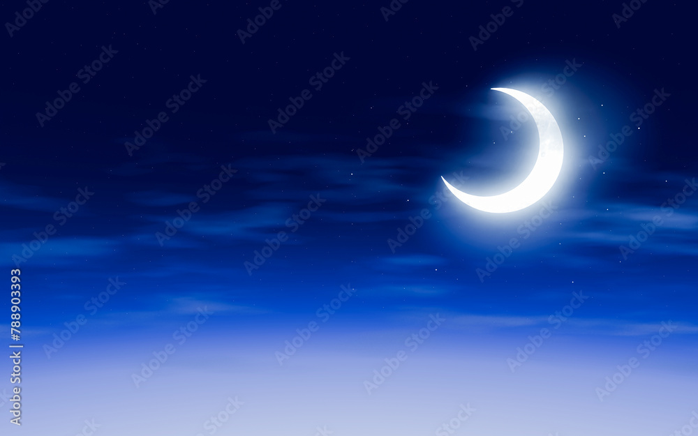 Wall mural the crescent moon glows in the sky. there are twinkling stars, clear and cloudless, for making backg