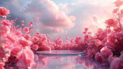 A pink podium surrounded by clouds and cherry blossoms, creating an ethereal atmosphere for product display in a dreamy setting. Created with Ai
