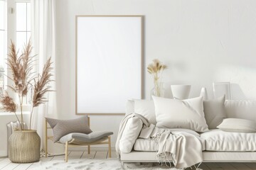 Scandinavian style living room with poster mockup created with generative ai