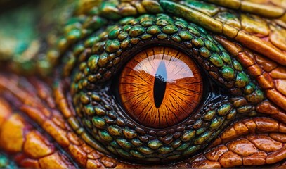 Close-up of Vibrant Dragon Eye. Detailed macro shot of a colorful dragon's eye, capturing the intricate textures and vivid colors