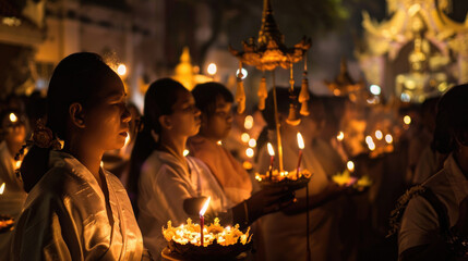 A solemn procession of devotees carrying candles and offerings - obrazy, fototapety, plakaty