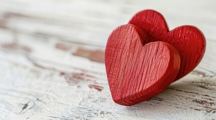 Two bright red wooden hearts stand out on a pristine white wooden backdrop