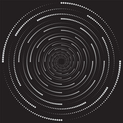 Dotted, dots, speckles abstract concentric circle. Spiral, swirl, twirl element.Circular and radial lines volute, helix.Segmented circle with rotation.Radiating arc lines.Cochlear