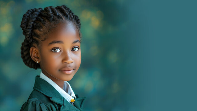 African school girl student in green uniform smiling isolated on pastel