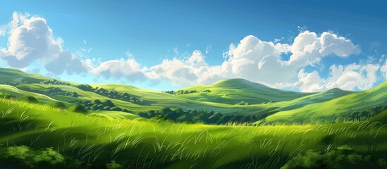 Obraz premium The green grass field sits atop gently rolling hills, under a blue sky adorned with fluffy white clouds.