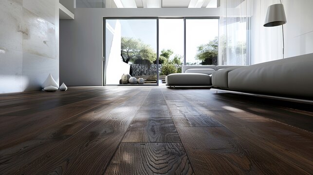 The flooring is covered with a lavish dark wood flooring creating a dramatic contrast against the white ceiling. The smooth finish and unique patterns of the wood add a touch of opulence .
