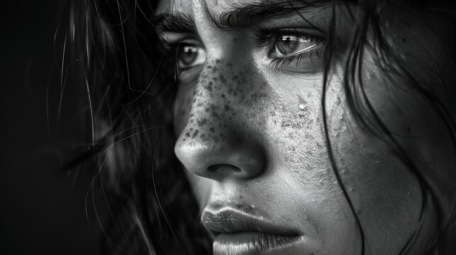 The tear lands softly on the collarbone leaving a fleeting imprint of emotion. .