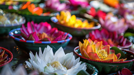 Colorful floral offerings arranged in reverence during Vesak