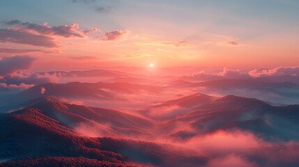 Fototapeta premium Pink dawn over the hills. Foggy landscape with wildflowers in the foreground. Beautiful banner, wallpaper. Summer panoramic background on the mountain.