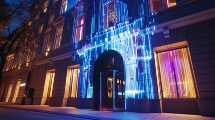 Blank mockup of a video projection mapping onto a building facade. .