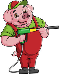 A pig cartoon mascot for car wash holding a High Pressure washer gun Jet Spray