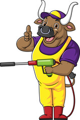 A bull cartoon mascot for car wash holding a High Pressure washer gun Jet Spray
