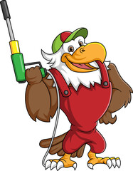 A eagle cartoon mascot for car wash holding a High Pressure washer gun Jet Spray
