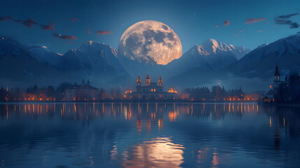 The full moon rises over an empty lake near a large mountain at night with copy space. Night panorama of a crescent moon in the night sky at midnight. Moonlight romantic landscape background concept.