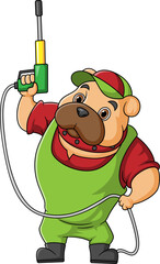 A bulldog cartoon mascot for car wash holding a High Pressure washer gun Jet Spray